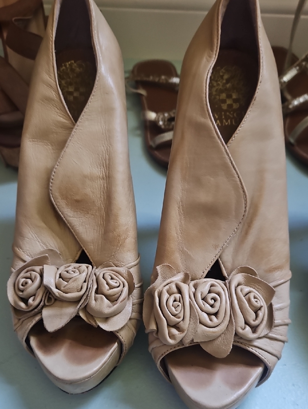 Vince Camuto Taupe Leather Peep-Toe Heels with Rosette Detail